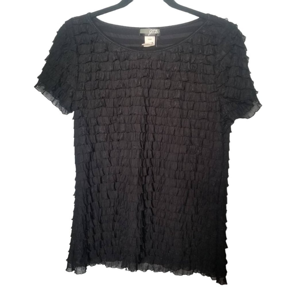 NEW J.T.B. Women's Black Ruffled Crinkled Short Sleeve Cocktail Blouse S…